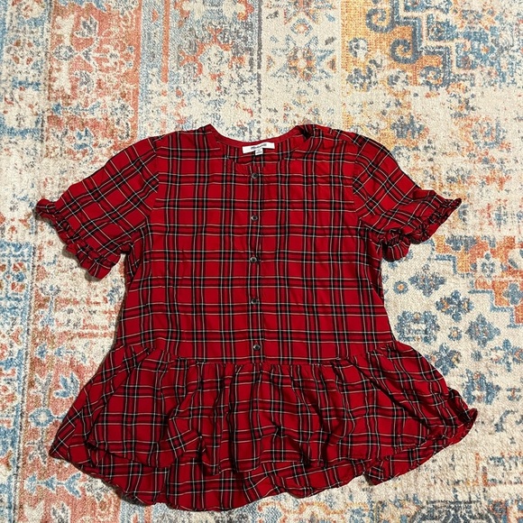 Madewell red plaid button down peplum ruffle sleeve top - Picture 1 of 5